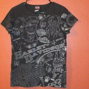 Harley Davidson Woman Medium Black White Graphic Dealership Short Sleeve Shirt